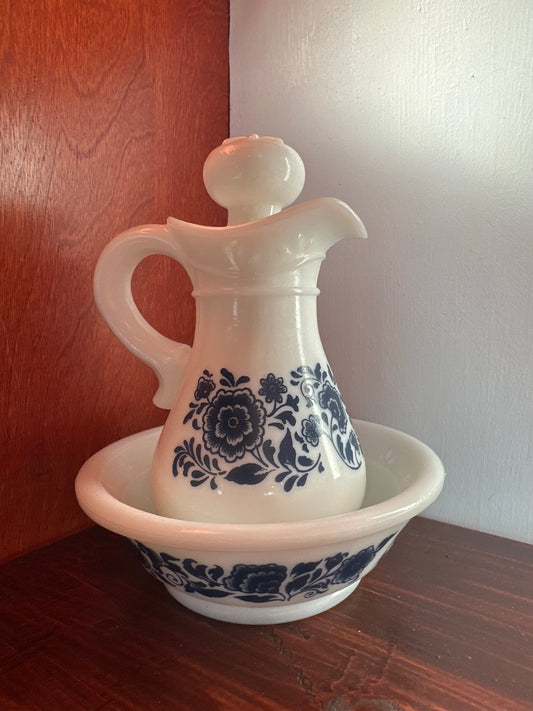 Avon 1972 Delft Pattern Milk Glass Pitcher and Bowl
