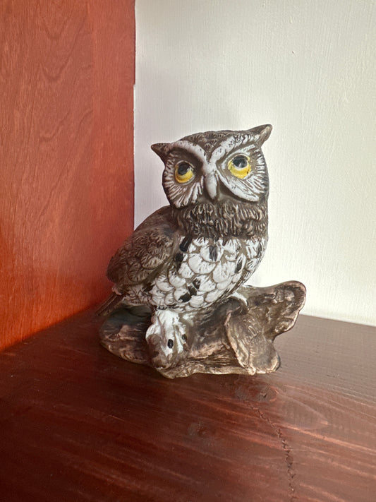 Homco 1970s Ceramic Owl with Log