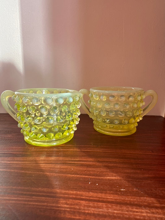 Fenton Hobnail Uranium Glass Cream and Sugar Set